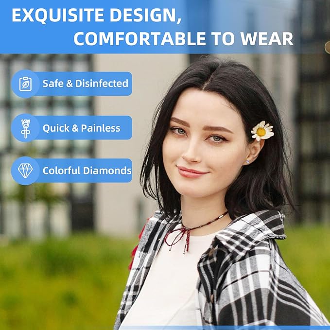 Get the Perfect Ear Piercing with 24 Pcs Premium Ear Piercing Kit - Includes 8 Blue CZ Stones Earrings and 8 Easy-to-Use Self Ear Piercing Gun - Safe and Painless