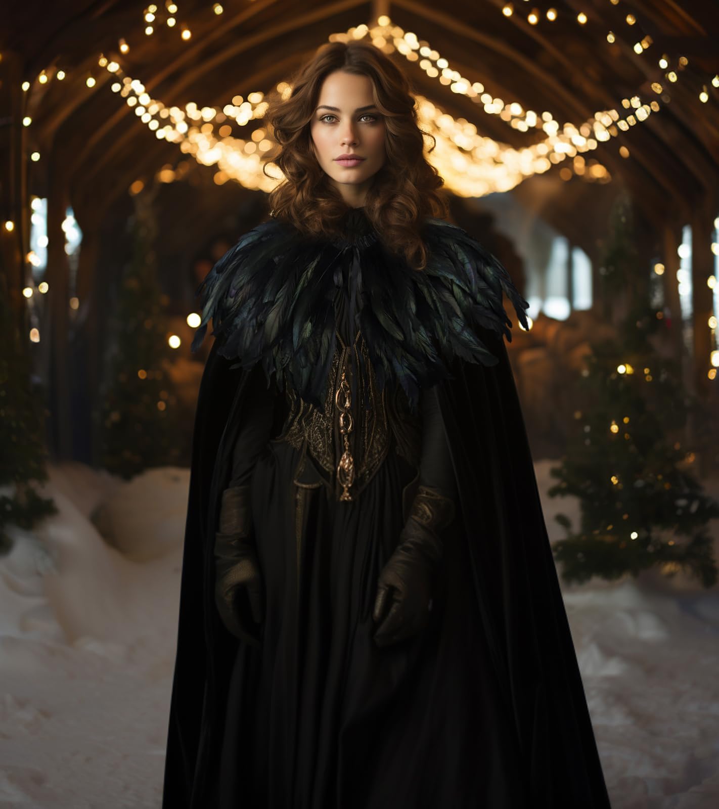 Gothic Feather Shawl and Halloween Adult Velvet Classic Witch Costume Cloak