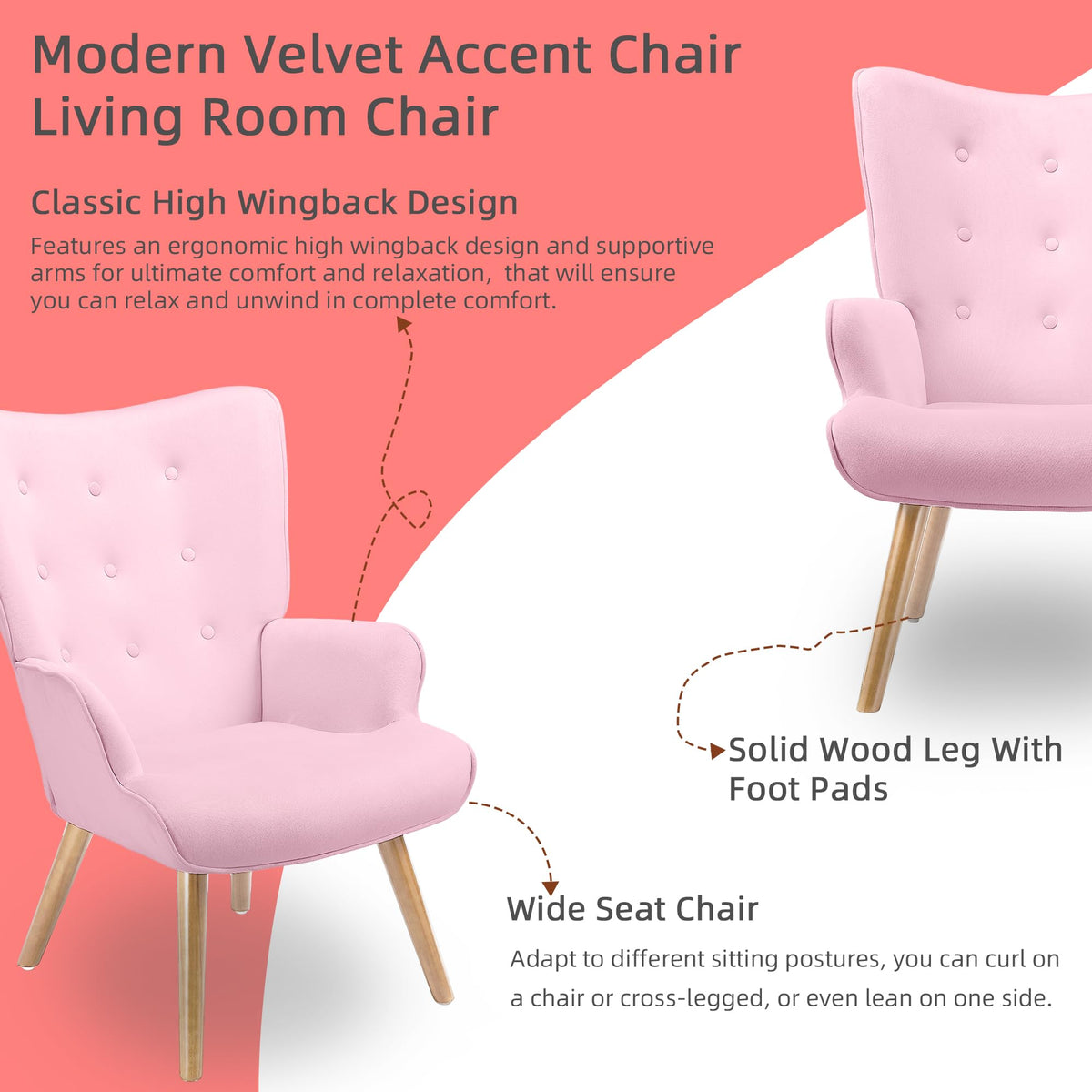PrimeZone High Back Accent Chair - Large Mid-Century Modern Living Room Chair Reading Chair with Comfy Memory Foam Seat Cushion, Velvet Wingback Armchair for Bedroom, Corner, Pink