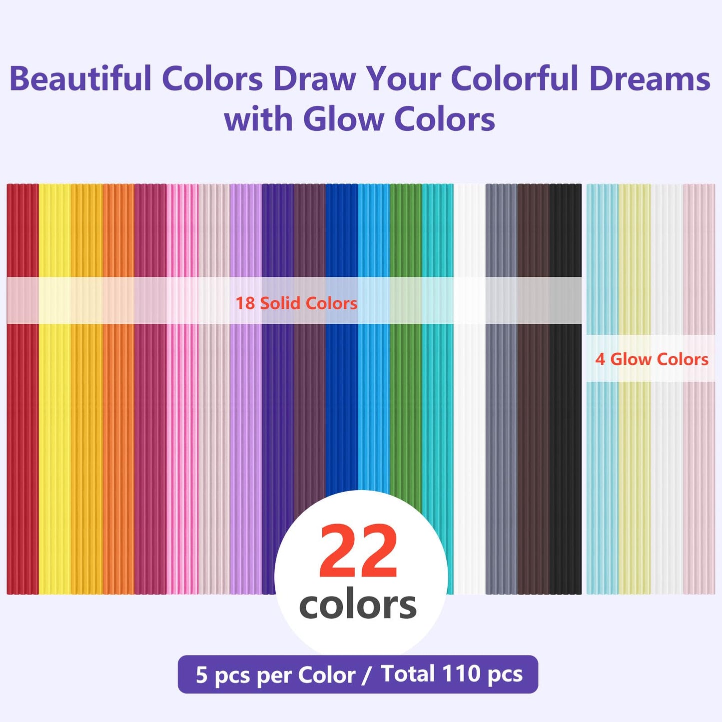 22 Colors 3D Printing Filament Refill for 3Doodler Start+ 3D Pen, Safe Low Print Temperature PCL Filament 2.5mm Thick, Premium 110pcs Total 1650cm Refill Pack Only Fit for 3Doodler Start+ Pen