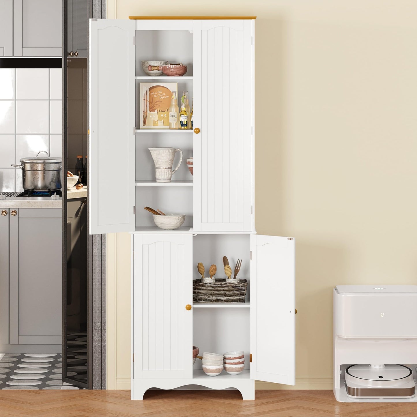 Function Home 72" Kitchen Pantry Cabinet, Freestanding Storage Cabinets, Tall Food Pantry with Doors and Adjustable Shelves, Utility Floor Cabinet for Kitchen Dining Room Living Room, White