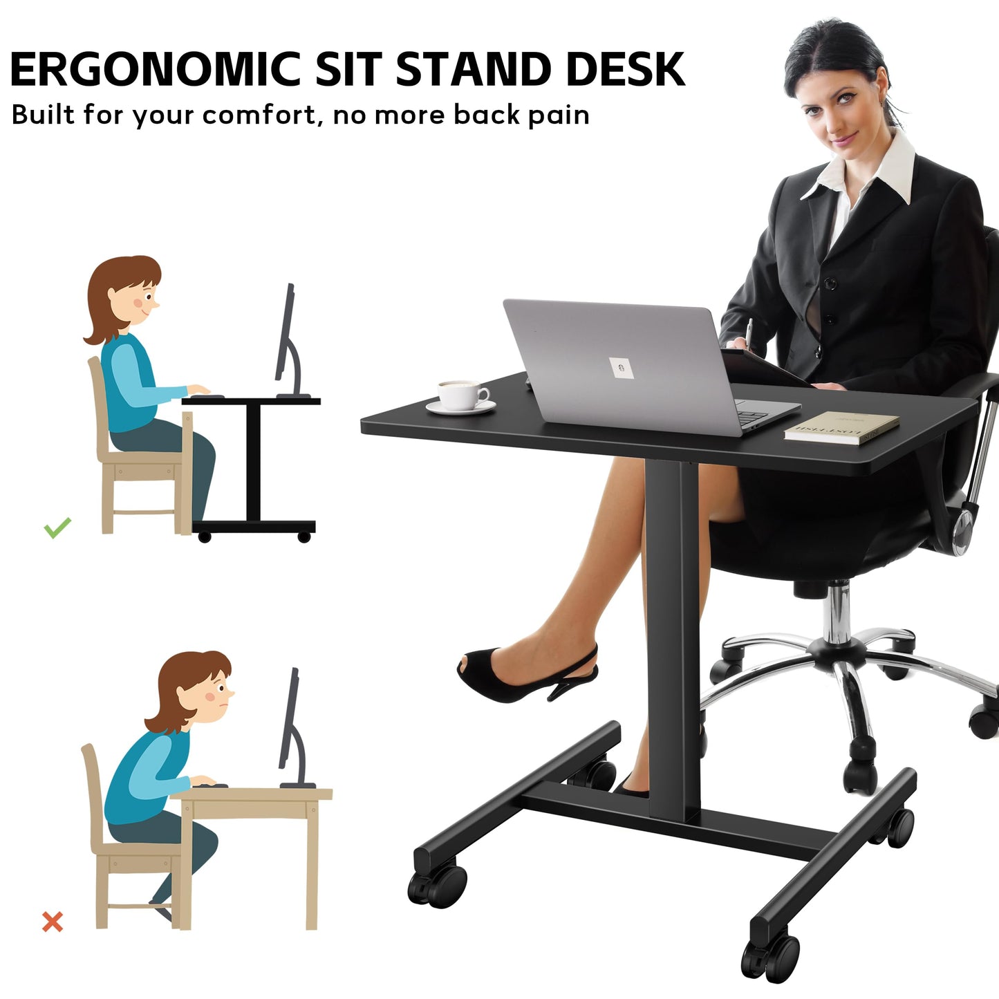GallopFun Mobile Laptop Standing Desk Adjustable Height, Small Mobile Desk Workstation with Wheels, Portable Rolling Computer Desk Cart for Home Office Classroom (Black)