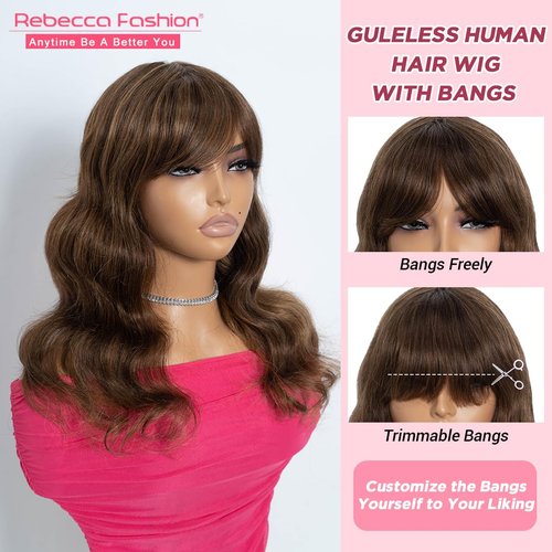 Rebecca Fashion 18 Inch Body Wave Wig with Bangs Human Hair Wigs for Black Women None Lace Front Wigs 10A Brazilian Virgin Hair Glueless Machine Made Wig Highlight Brown Blonde Color