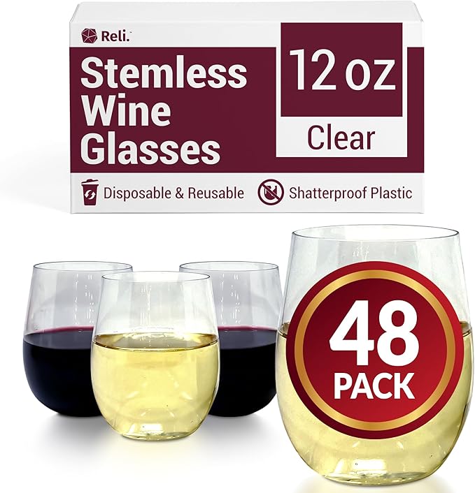 Reli. Disposable Wine Glasses (48 Pack, 12oz) Plastic Stemless Wine Glasses Disposable | Clear and Stemless for Parties, C...