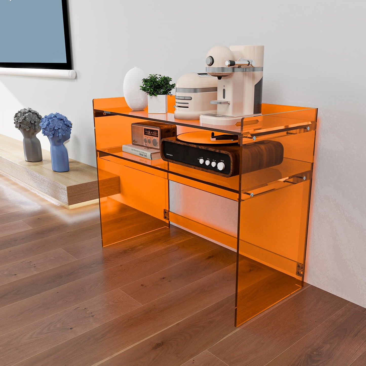 KSacry Acrylic Desk with Retaining Edge, Acrylic Console Table, Clear Art Desk for Office, Study, Bedroom, Entrance Decor (17.7" D x 39.4" W x 31.5" H, Orange)
