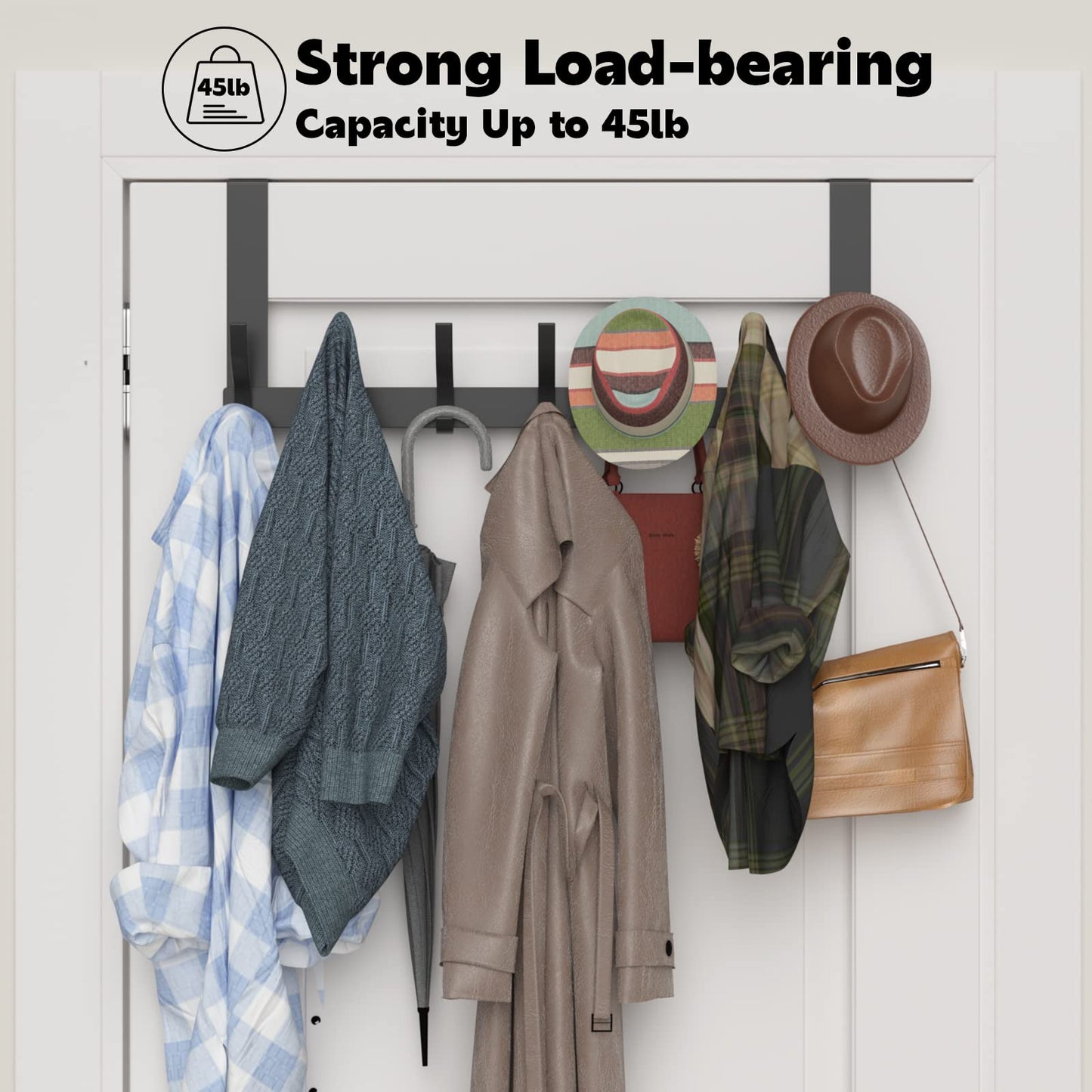 Peasulin Over The Door Hooks, Sturdy Door Hanger, Large Over The Door Towel Rack with 12 Hooks, Heavy Duty Easy to Install, for Bathroom, Bedroom，Kitchen，Hanging Towels, Coats (Black).