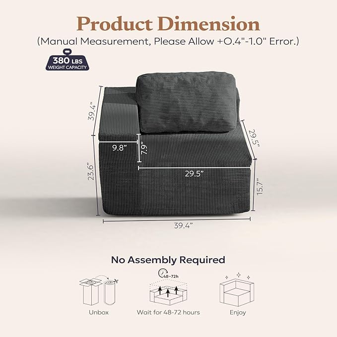 Furnify 40" Modular Upholstered Foam Couch, Upholstered Floor Sofa Couch with Pillow, Single Sofa for Bedroom Living Room, No Assembly Required (Corduroy Fabric, Grey)