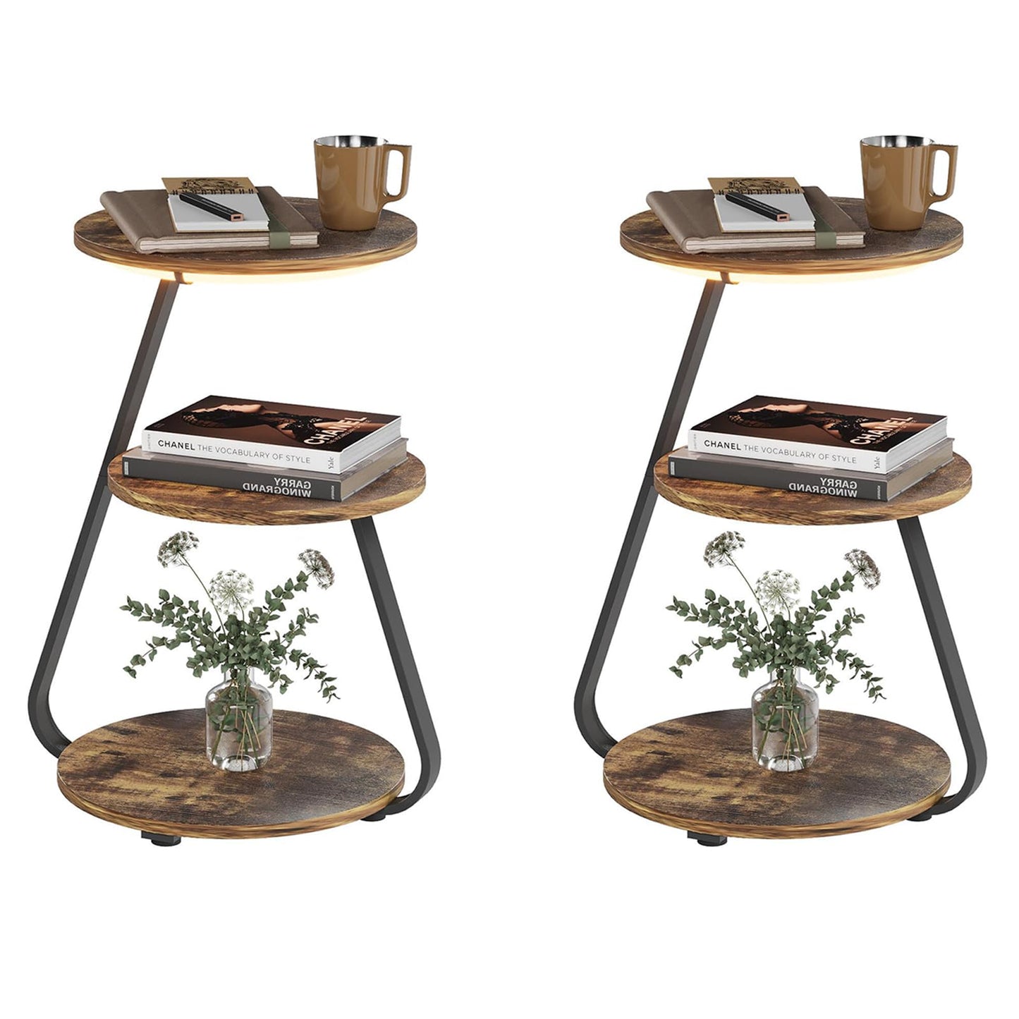 ARTETHYS Side Table Set of 2, Bedside Small Coffee Table with 3 Color LED Lights, End Table with 3 Tier Storage Shelves for Living Room Bedroom, Rustic Brown