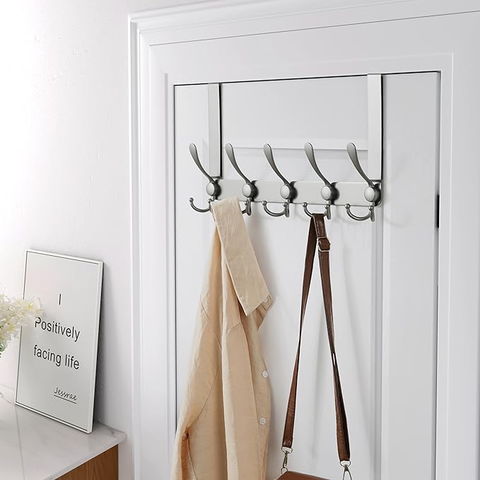 Dseap Over The Door Hook Hanger - 5 Tri Hooks, Heavy Duty Over The Door Towel Rack Coat Rack for Clothes Hat Towel, Grey