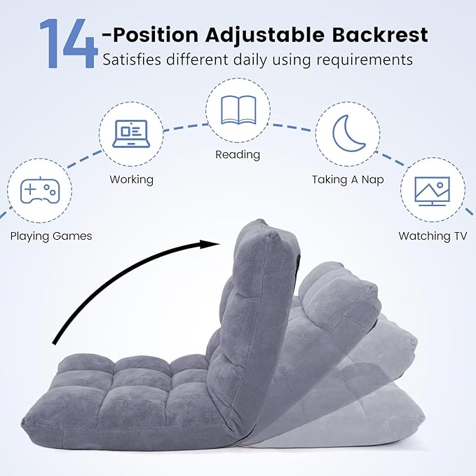 MAT EXPERT Floor Chair with Back Support, Floor Gaming Chair w/ 14 Adjustable Position,Soft Coral Fleece&Alloy Steel Frame, Foldable Floor Seat,Padded Lazy Couch Recliner for Meditating (Gray)