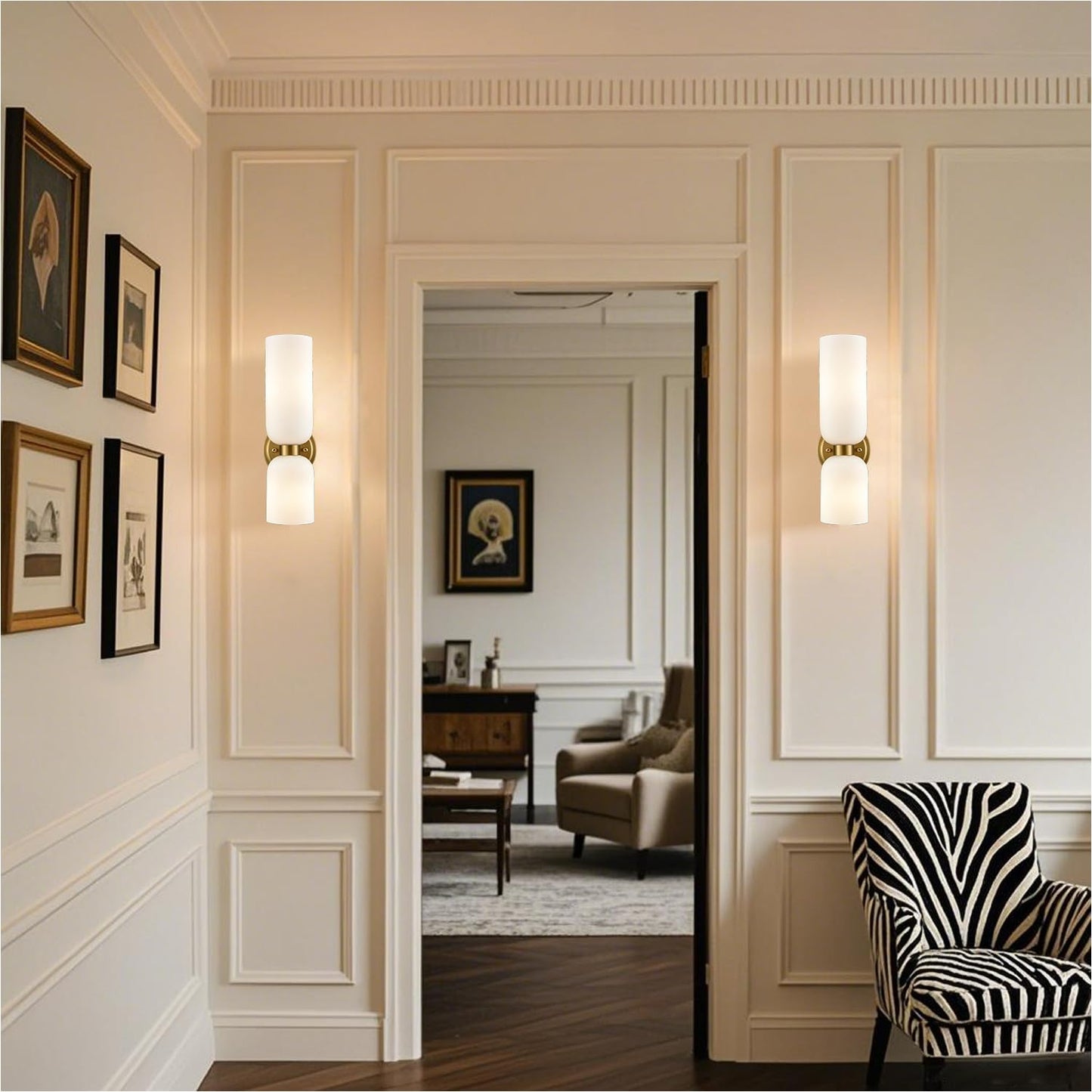 DEYNITE Gold Wall Sconces Set of Two 2-Light Modern Wall Light 3.93"(W)*14.2"(H) Bathroom Vanity Light Milky White Glass