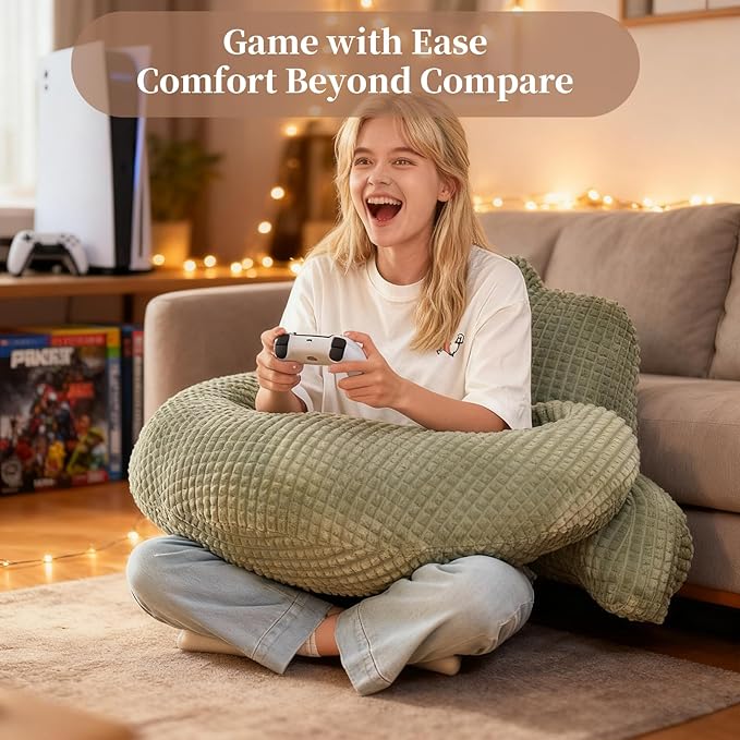 PAJEO Reading Pillow for Bed,U Shaped & Back Support Pillow for Bed,19" Backrest with Lumbar & Arm Support,Comfy Flannel Fabric,Lap Pillow for Gaming/Reading/Watching TV,Green