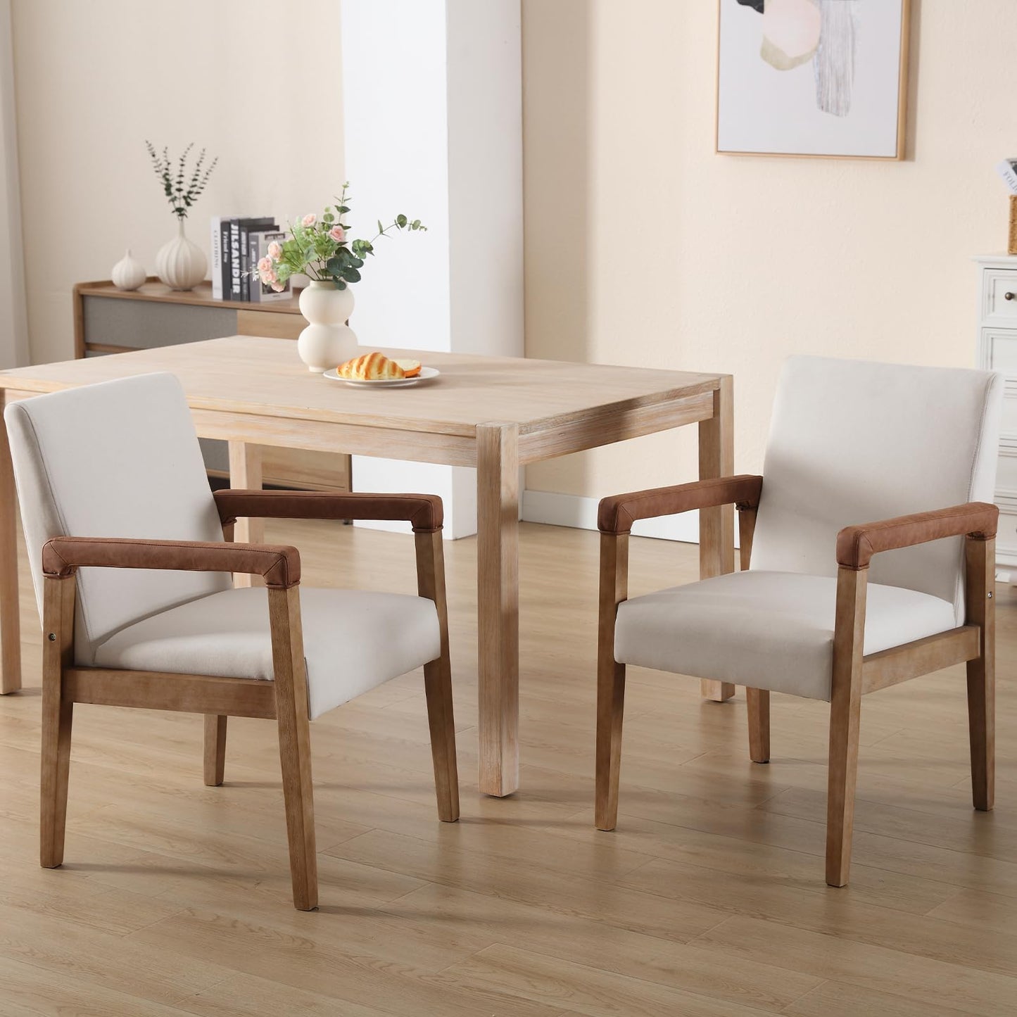 Kmax Modern Dining Chairs Set of 2 Linen Fabric Kitchen Arm Chairs Upholstered Accent Chairs with Wooden Legs for Dining Room, Living Room, Bedroom, White
