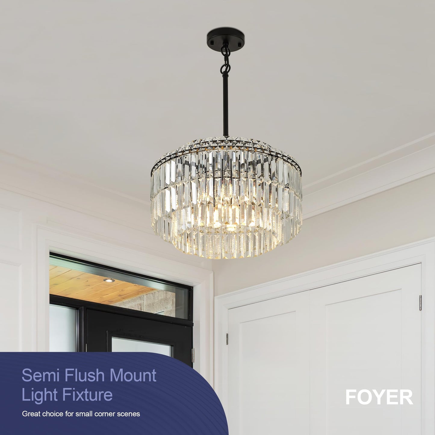 lighceac Modern 17.6“ Black Crystal Chandelier Ceiling Light Fixtures for Dining Room Luxury Glam 8-Light Crystal Chandeliers Lighting for Bedroom Entryway Hallway Living Room Kitchen Island Foyer
