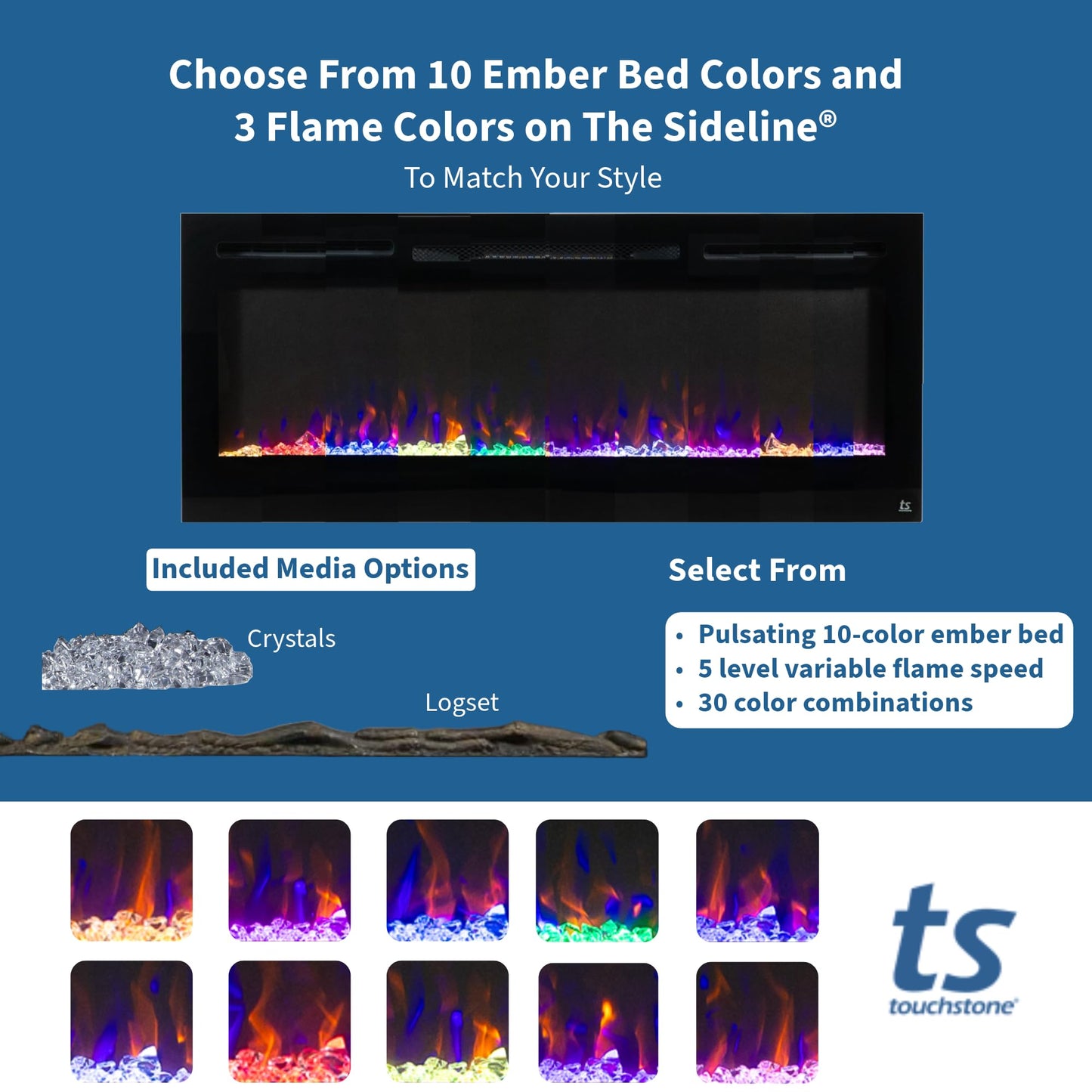 Touchstone Smart Electric Fireplace-The Sideline 60" Wide-in Wall Recessed - 30 Realistic Ember Color/Flame Options - 1,500W Heater w/Thermostat - Log & Crystal Hearth Options - Alexa/WiFi Enabled