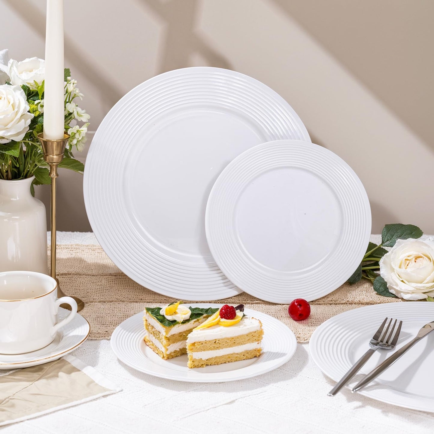 FLOWERCAT 100PCS White Plastic Plates - Heavy Duty Plastic Plates Disposable-Straw hat plates for Summer party &Wedding - Serve for 50guests party(10inch & 7inch)(White)