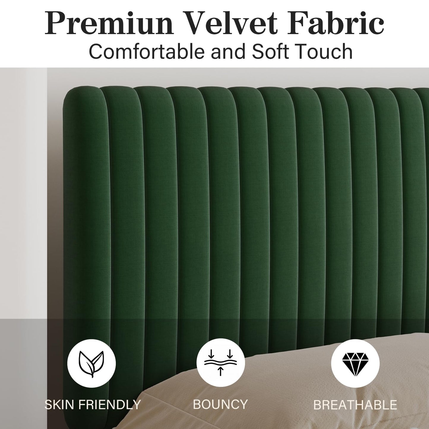 Twin Bed Frame, Velvet Upholstered Platform Bed with Vertical Channel Tufted Headboard and Footboard, No Box Spring Required, Easy Assembly, Green