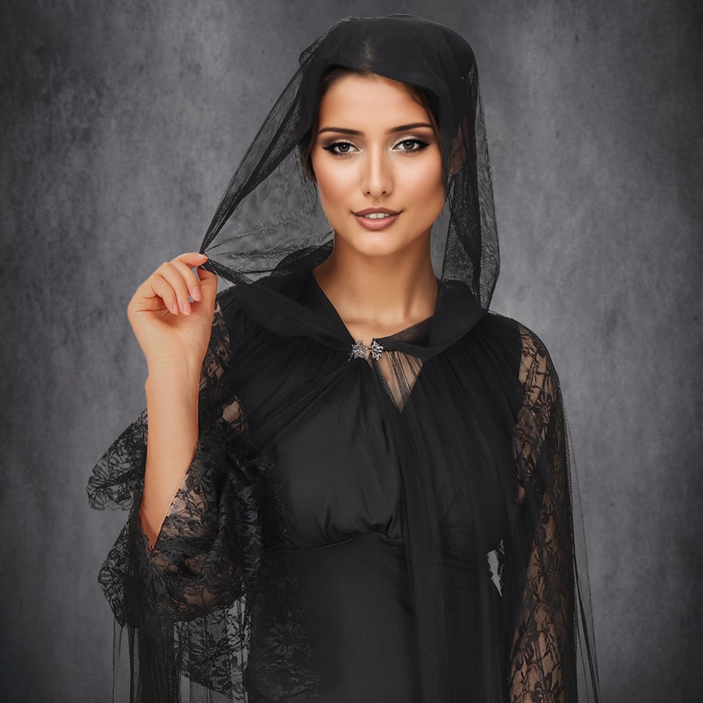 Ultrafun Halloween Witch Hat Costume for Women Full Length Sheer Witch Cloak with Hood for Cosplay Costume (Black)