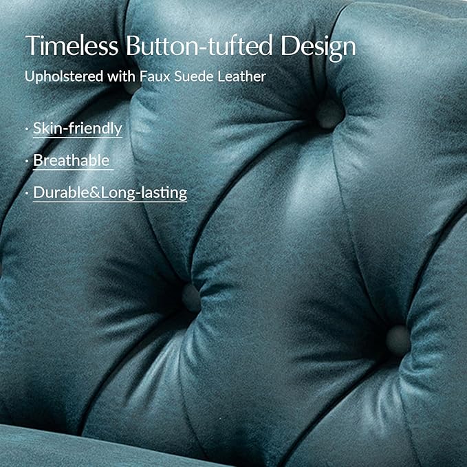 HULALA HOME 84" W Faux Leather Sofa, Mid Century Modern Couch with Metal Legs and Button Tufted, 3 Seater Contemporary Upholstered Couches for Living Room, Entertainment Area, Apartment, Blue