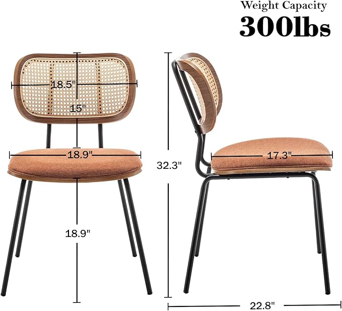 HOCEWI Rattan Dining Chairs Set of 2, Christmas Decoration Mid Century Modern Dining Chairs with Cane Back for Kitchen Dining Room, 19 Inch Fabric Orange