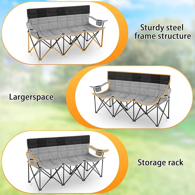 Teenyyou 3 Person Camping Chair Fully Padded Outdoor Oversized Loveseat Counch Double Camping Sofa with Cup Holder and Carry Bag for Lawn Beach Outdoor (Black, Camp Chair)