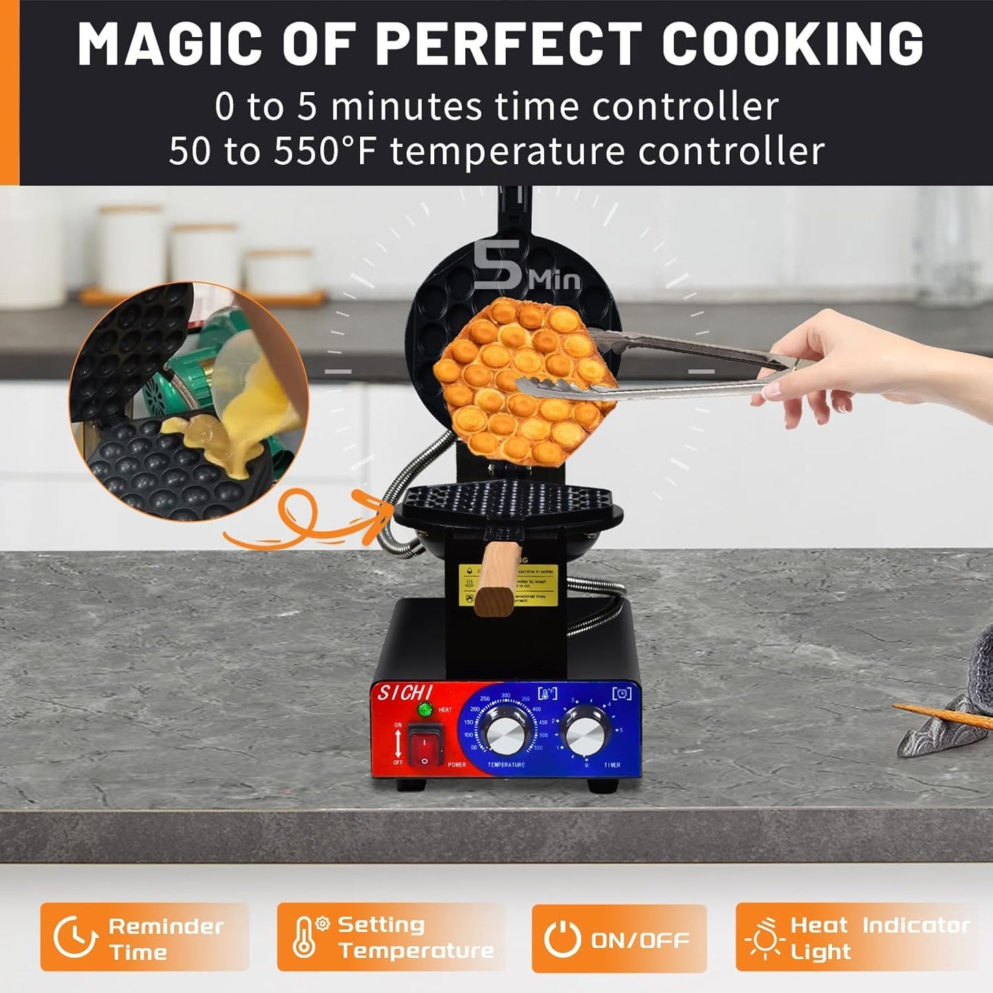 HTTSICHI Bubble Waffle Maker - Commercial Egg Waffle Maker w/Non-stick, Temperature and Timers, 1400W Hong Kong Egg Waffle Iron w/Rotating Baking Pan, Stainless Steel Bubble Waffle Machine Restaurants