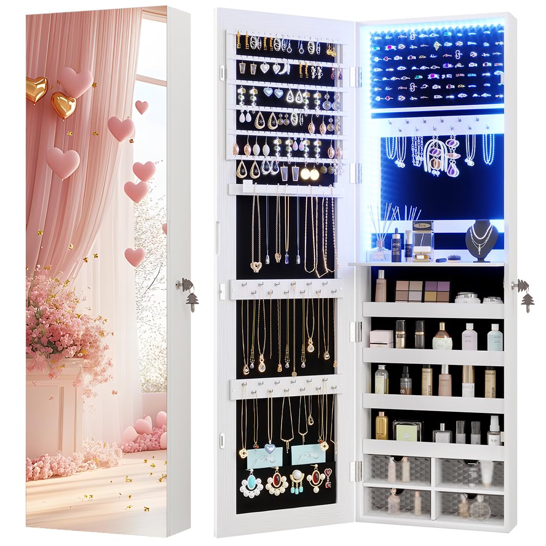 Vlsrka 47.2" LED Jewelry Mirror Cabinet, Wall/Door Mounted Jewelry Armoire Organizer with Full Length Mirror, Large Storage Hanging Cabinet, 4 Drawers, 5 Shelves (White)
