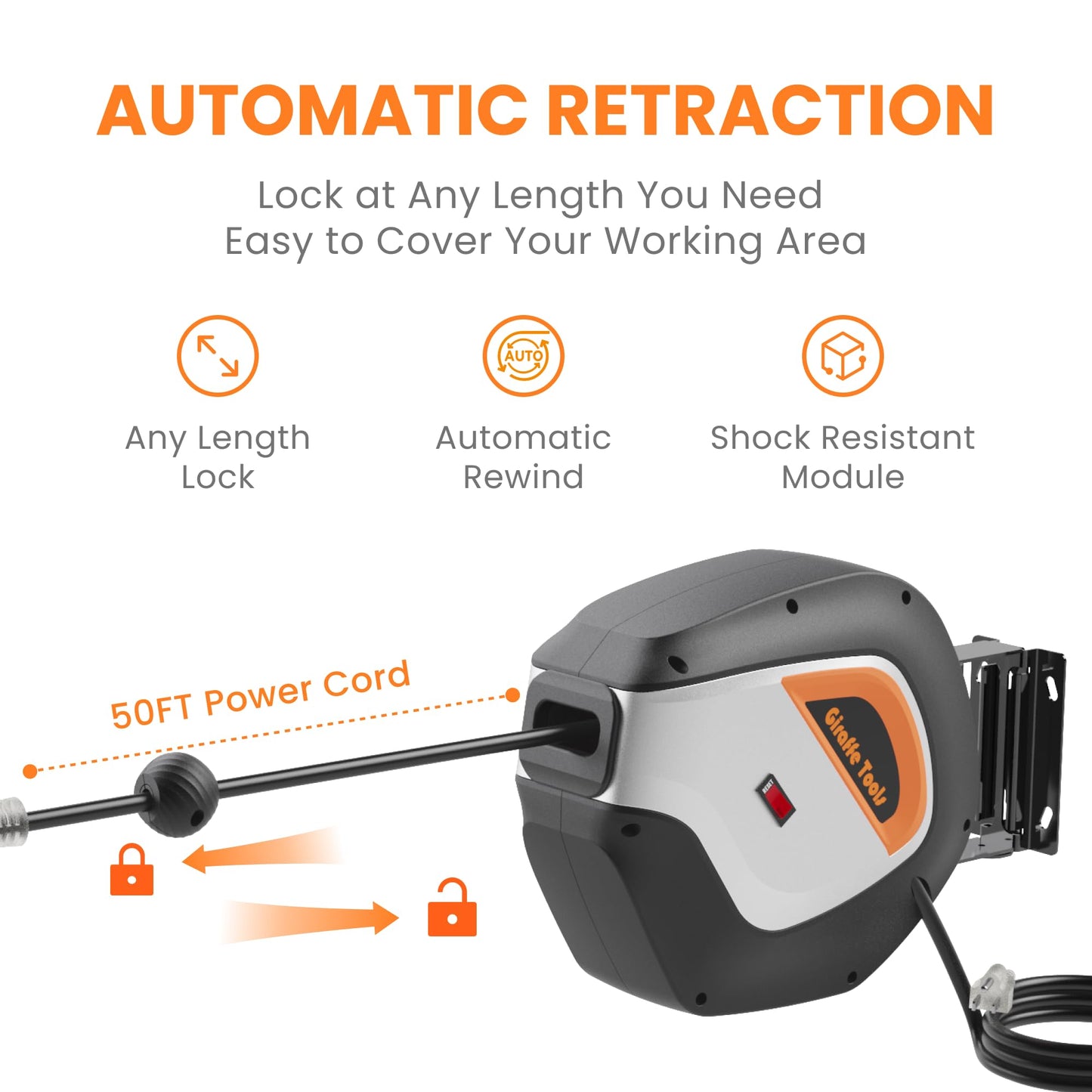 Giraffe Tools Retractable Power Cord Reel, 50Ft 12Awg/3C Sjt Heavy Duty Extension Cord Storage Reel Wall/Ceiling Mount For Garag