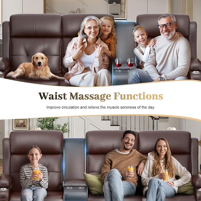 Aotolo Recliner Sofa, Massage Reclining Sofa 3 Seater Sets Heavy Weight Capacity, RV Loveseat Couch Clearance with Console, USB, Type C Port, Storage, Cup Holders, Wall Hugger Chair for Living Room