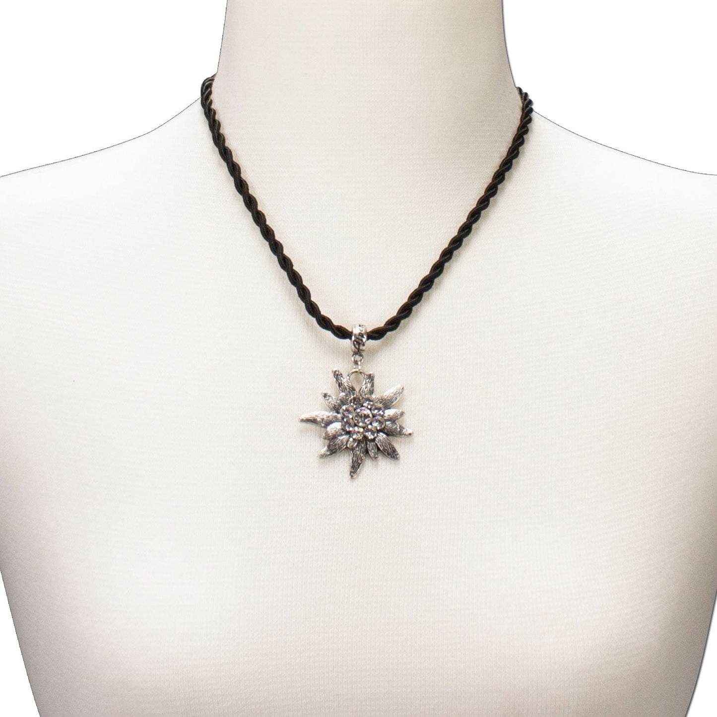 Alpenflstern Bavarian drawstring cord necklace with rhinestone Edelweiss, Ladies costume jewelry, traditional german pendant nec