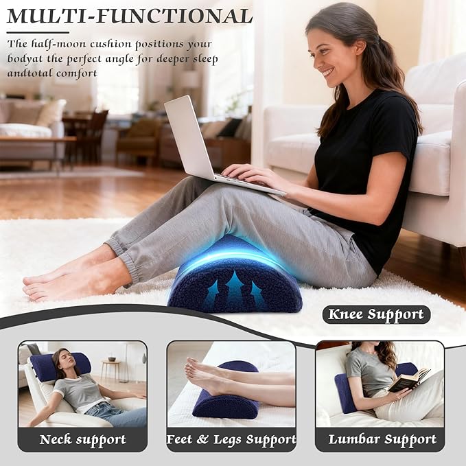 Queekay Health Large Half Moon Bolster Pillow for Legs, Knees, Lower Back and Head, Lumbar Support Pillow for Bed Sleeping Semi Roll for Ankle and Foot Comfort Washable Cover(Navy Blue)