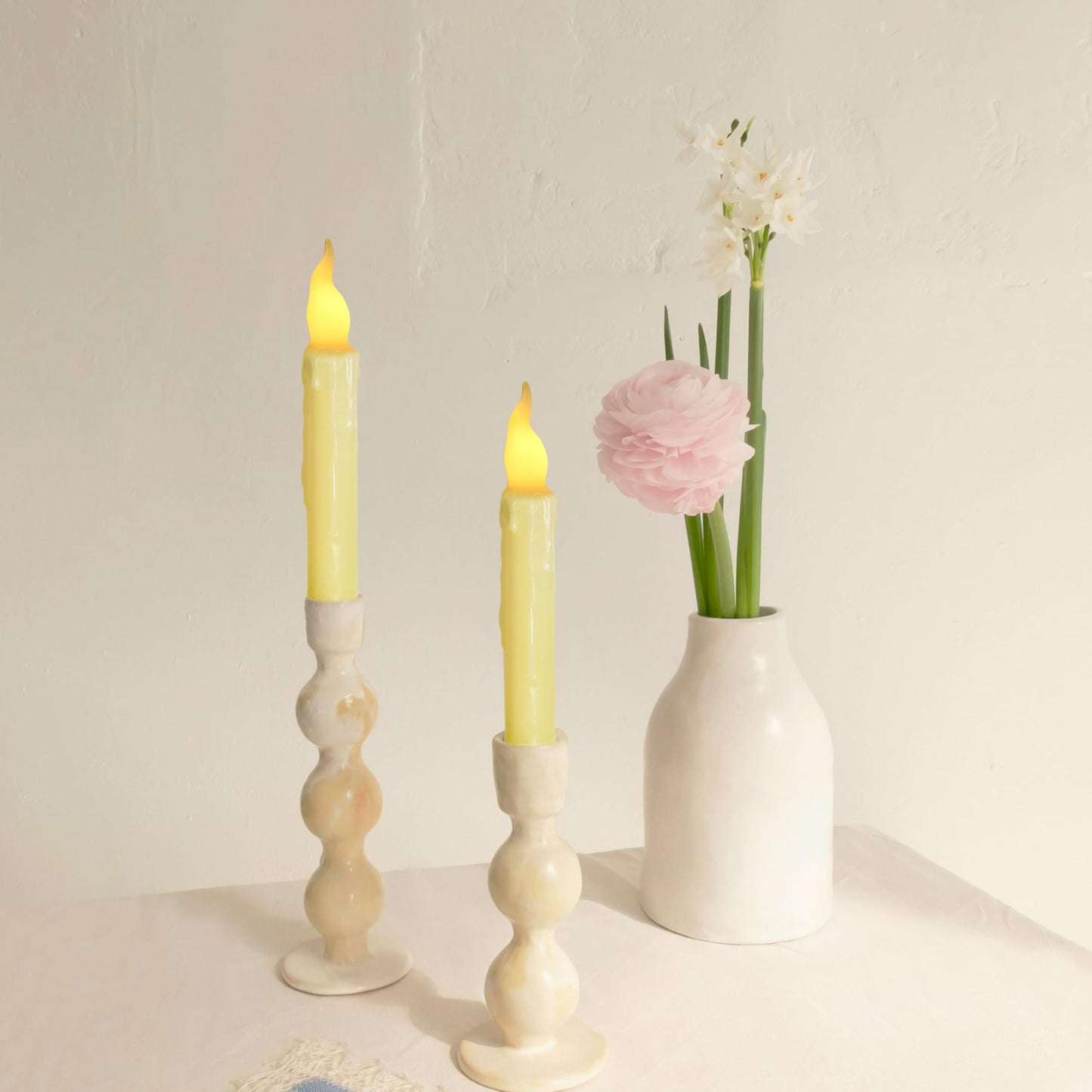 FCMSHAMD Yellow Flameless Short Taper Candles, Real Wax Hand Dipped LED Battery Operated with Remote, Flickering Flame Lights for Festival Home Décor, 6.7 Inch Primitive Flameless Candles, 4PCS