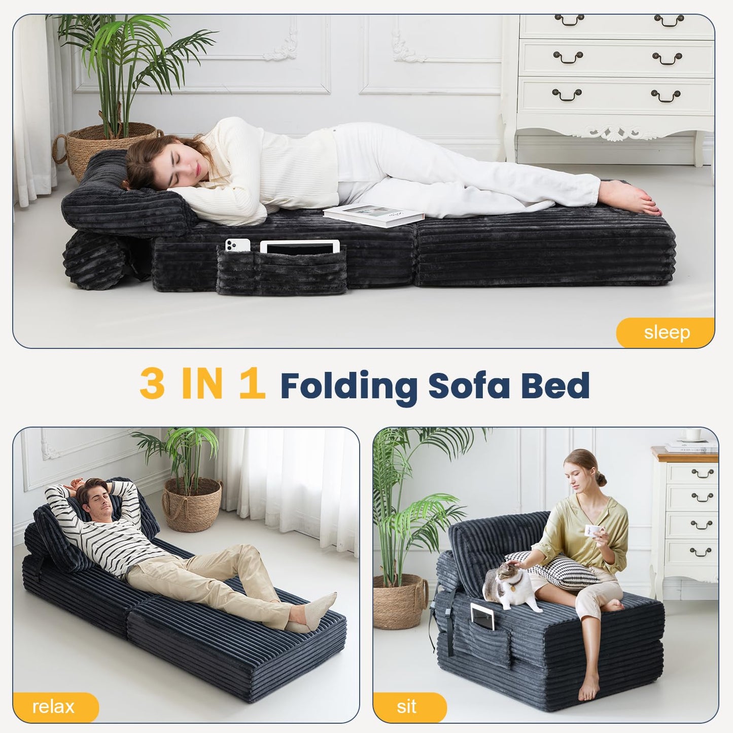 Domiqut 3 in 1 Folding Sofa Bed, Convertible Sleeper Chair with Pillow, Chair Bed with Back Support, Couches for Living Room, Foam Floor Mattress with Cushion, Single Size, Dark Grey