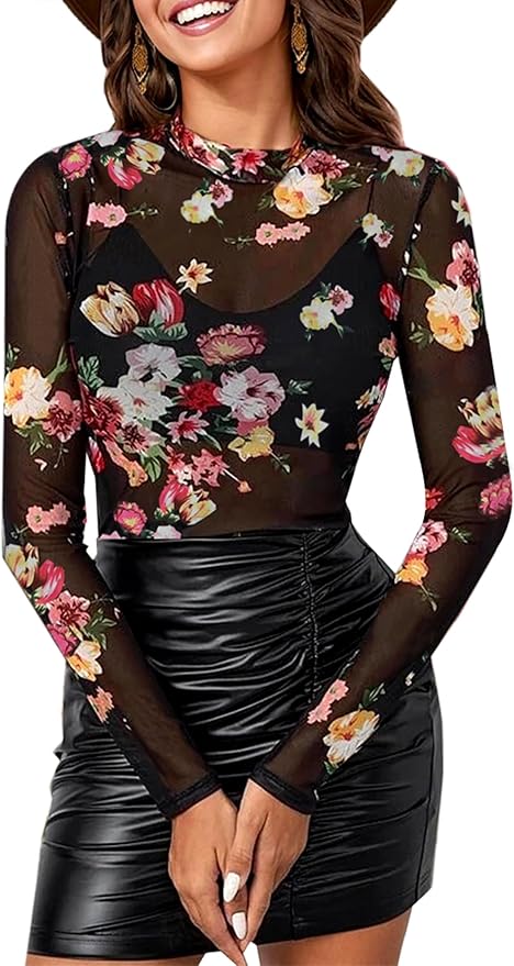 BemorRun Floral Mesh Long Sleeve Tops for Women Mock Neck See Through Fitted Sexy Going Out Top