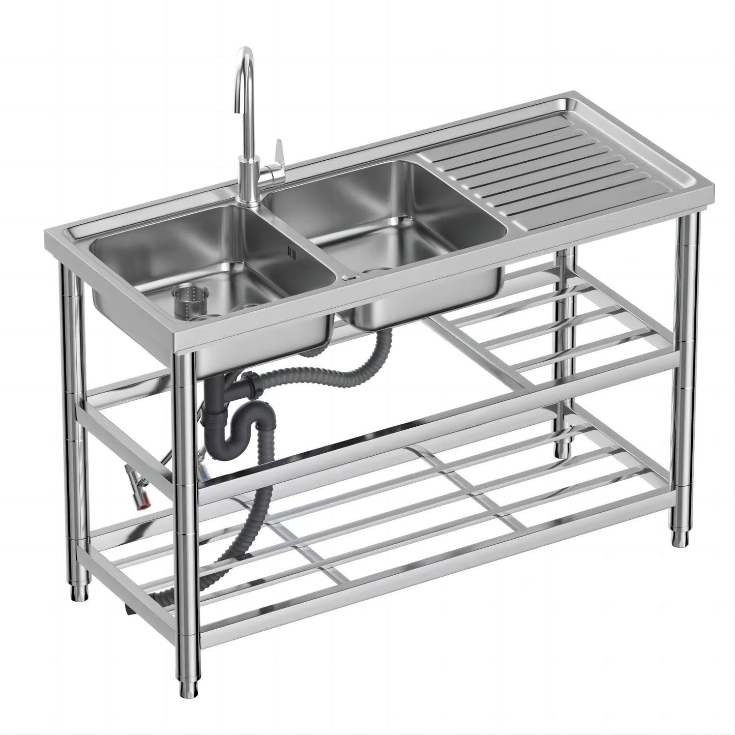 DuyviSteil Free Standing Double Bowl Sink, Stainless Steel Utility Sink, Commercial Restaurant Kitchen Sink Set, Water Pipe & w/Workbench & Storage Shelves Indoor Outdoor (47in)