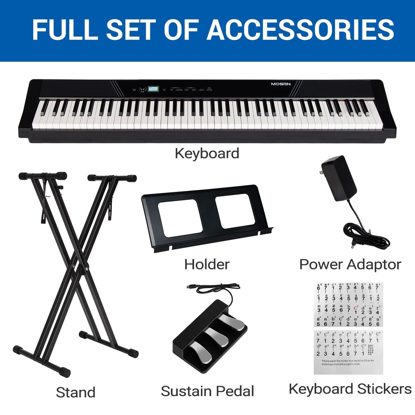 MOSEN Beginner Digital Piano 88 Keys Weighted, Portable Electric Piano Set with Full Size Keyboard, Triple Sustain Pedal, Stable Dual X Stand, USB-MIDI, Keyboard Stickers, for Beginners Adults