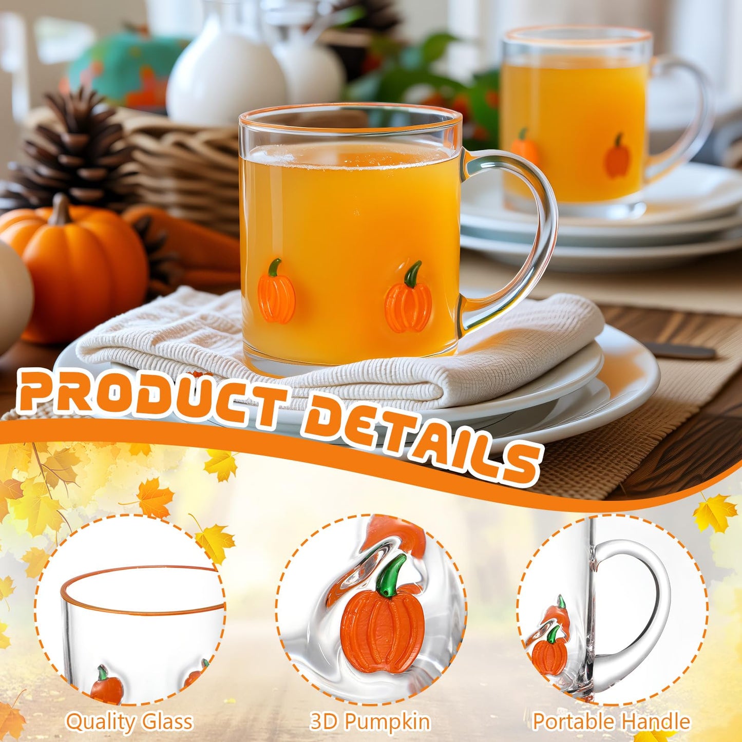 SiliFine 4 Pack Fall Glass Cups 14oz Pumpkin Mug with Handle Clear Drinking Glasses Double Old Fashioned Handblown Cocktail Glassware for Halloween Thanksgiving Autumn Gift(Pumpkin)