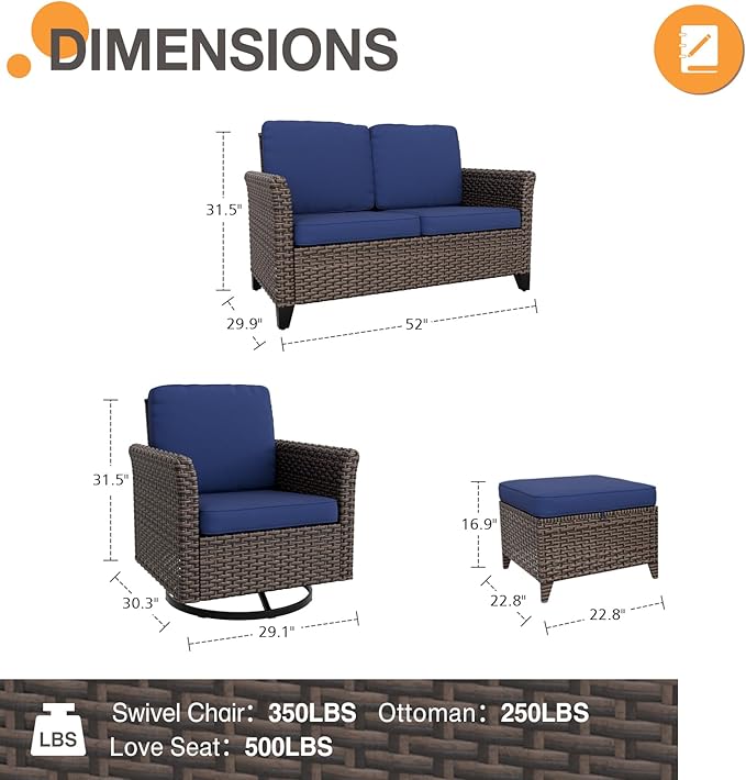 COOS BAY Harbor Retreat 5 Piece Outdoor Furniture Set, Patio Conversation Set with Swivel Rocking Chairs, 2 Seat Loveseat and Ottomans, Wicker Furniture, Brown/Blue