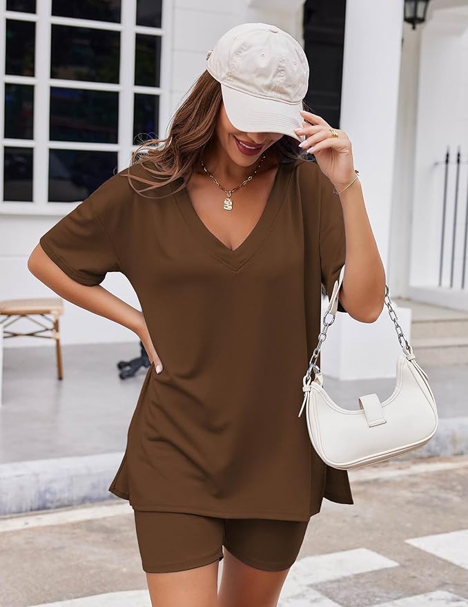 Ekouaer Womens Pajamas 2 Piece Lounge Sets Oversized V Neck T-Shirts Tops Biker Shorts Set Workout Reversible Tracksuit S-XXL
