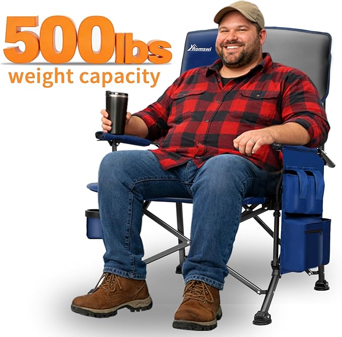 Romswi Oversized Camping Folding Chairs, Heavy Duty for Adults Support 500 LBS, High Back Camp Chairs with Hard Armrests, Cup Holder & Side Pockets for Outdoor, Garden 2 Pack