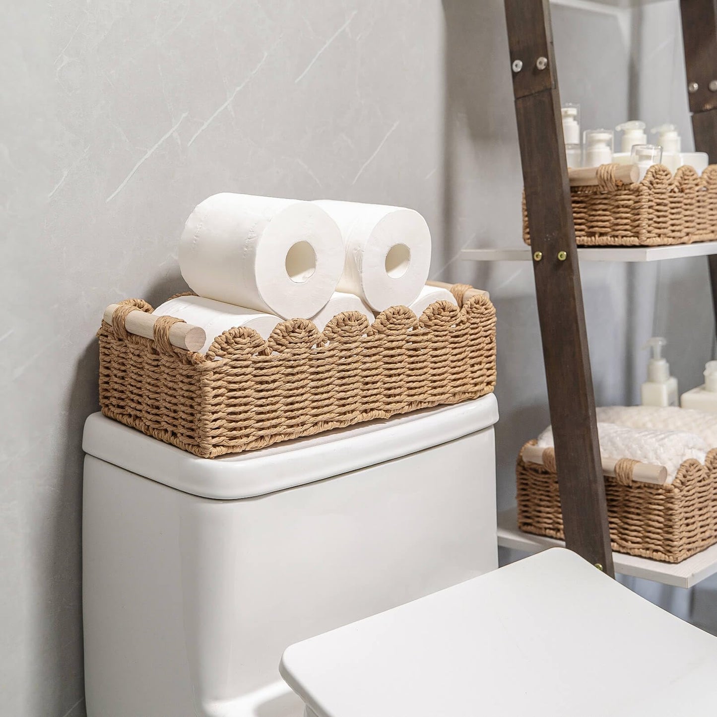 CubesLand Paper Rope Scalloped Edge Toilet Paper Storage Basket, Small Living Room, Bedroom Decor Baskets for Over Toilet Storage Shelf, End Table, Shelves and More, with 2 Wooden Handle, Neutral