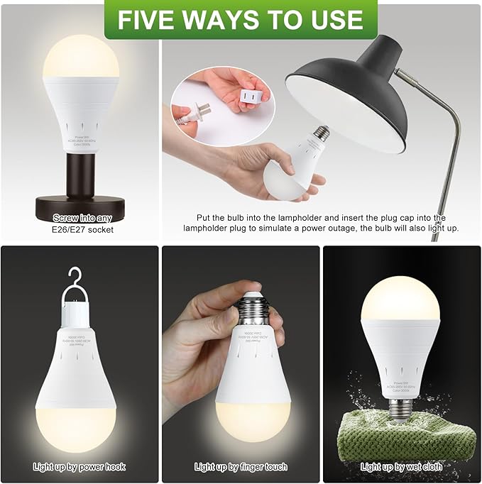 4 Pack Rechargeable Emergency Light Bulbs, Battery Powered Energy Efficient LED Light Bulb 3000K Warm E26 120 Volt 9W 60W Equivalent with 1200mAh for Home Power Outage Camping Hurricane