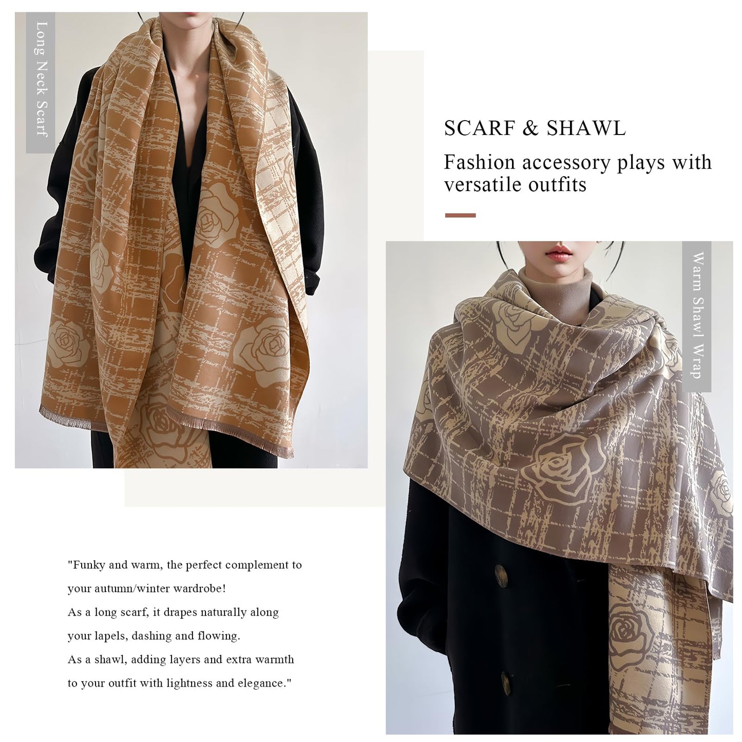 LumiSyne Winter Scarf Women Pashmina Shawls And Wraps Romantic Checked Camellia Pattern Reversible Cashmere Scarf With Tassel