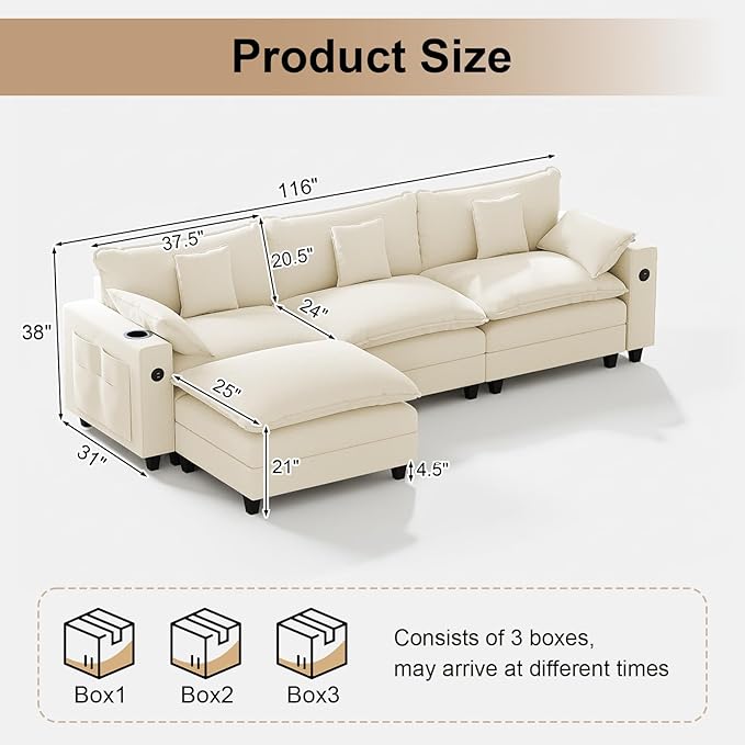 KCGKCG 116" Modular Sectional Sofa, L Shaped Cloud Couch with Movable Ottoman, Chenille Deep Seat Cloud Sofa with Charging Station, Cup Holder, Side Pocket, Sectional Couches for Living Room, Beige