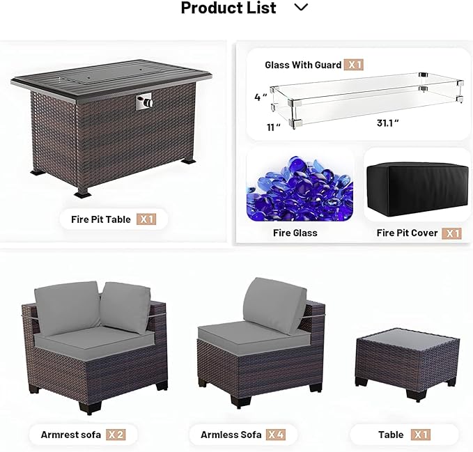Kullavik 8 Pieces Outdoor Patio Furniture Set,Sectional Sofa Set with 43" 55000 BTU Gas Propane Fire Pit Table,Brown PE Rattan Wicker Patio Conversation Set,Grey