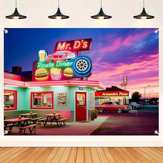 HANYING 50s Retro Dinner Backdrop Route 66 Night Cityscape Fast Food Store Photography Background Nostalgia Classic Car Vi...