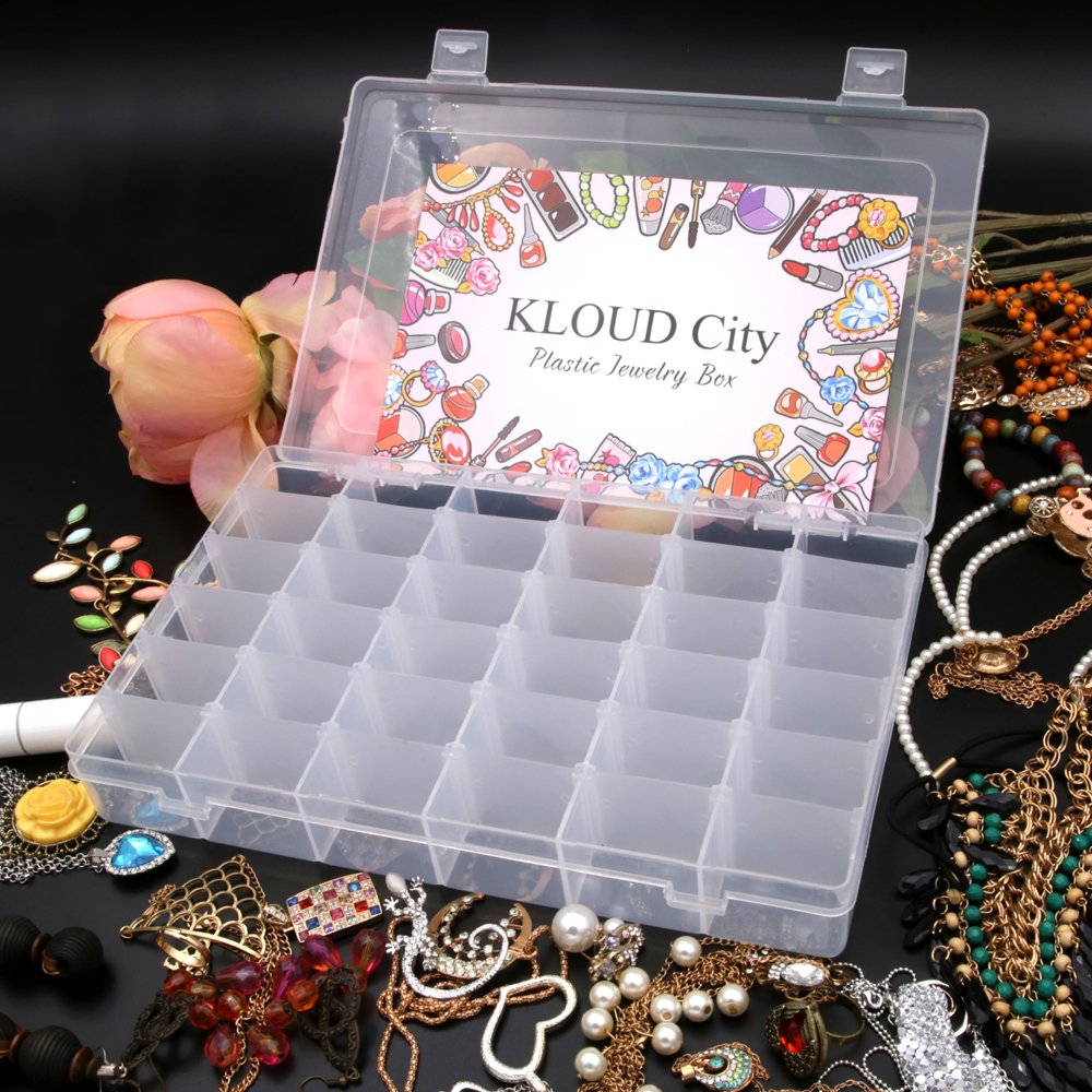 KLOUD City Clear Plastic Jewelry Box Organizer Storage Container with Adjustable Dividers (36 Grids)
