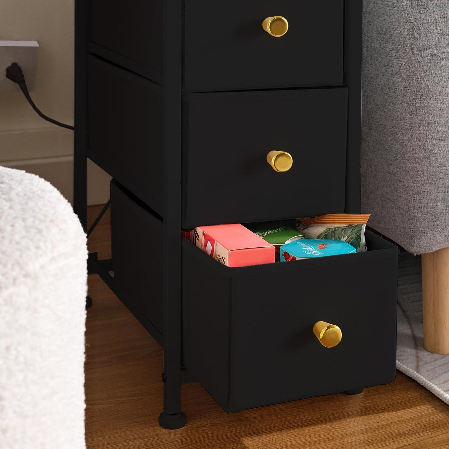 amoorpax Narrow Fabric Dresser for Bedroom, with Charging Station, Small Dressers Bathroom (Black)