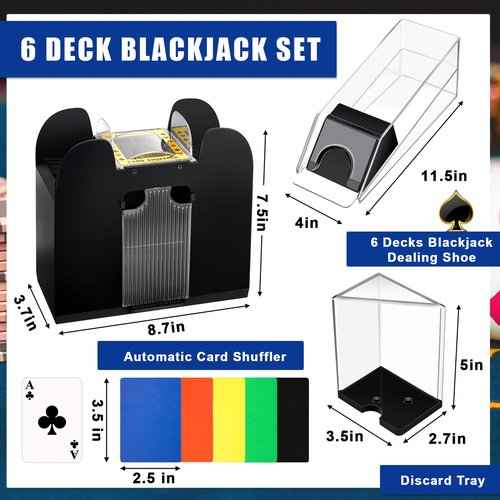 Aoriher Blackjack Casino Game Set, Include 300 Poker Chips, Casino Felt 1 Automatic Card Shuffler 6 Deck Dealer Shoe Discard Holder Tray Aluminum Case for Texas Holdem Blackjack Poker(Blue)