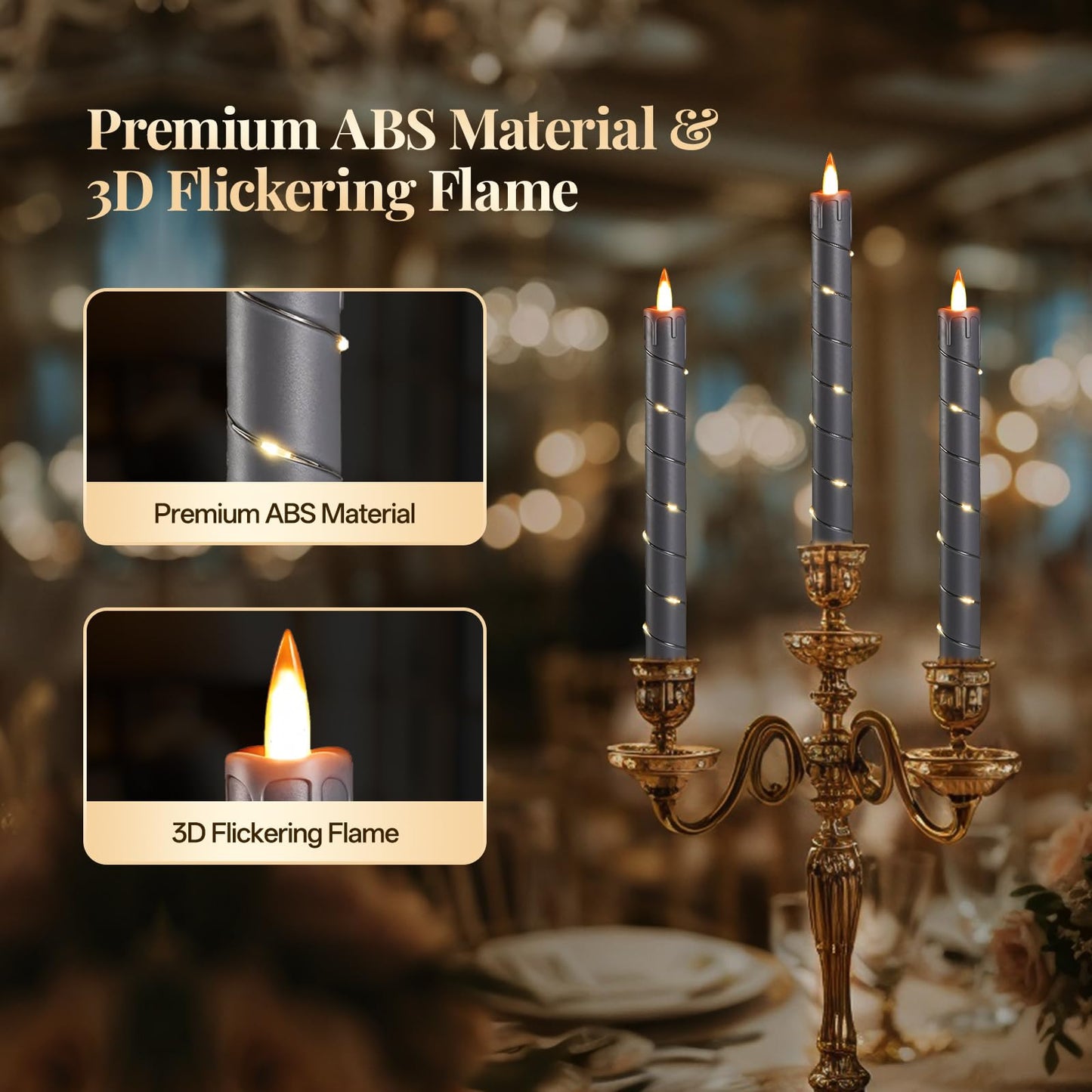 Rlojru 3Pcs Flameless Taper Candles Grey Black Battery Operated, With Embedded Fairy String Lights, Led Flickering Flame Candle,
